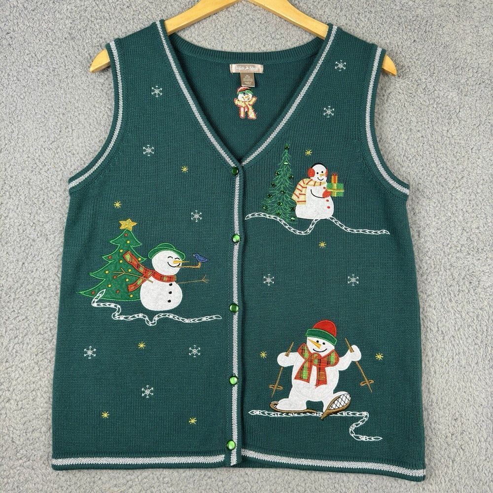 White Stag Green V-Neck Sweater Vest with Snowman Design